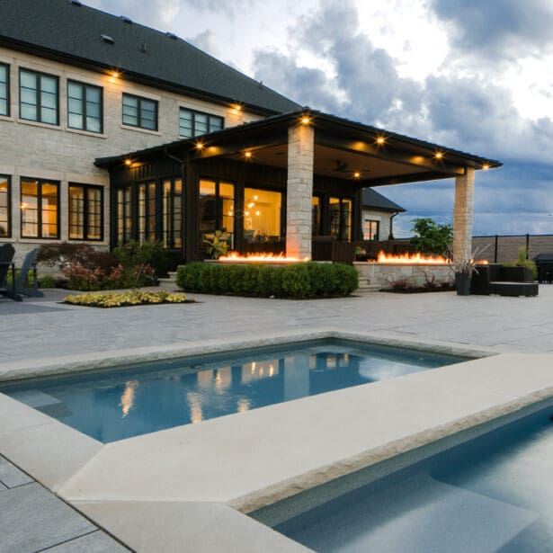 A gorgeous backyard view, showcasing elaborate hardscaping details that enhance outdoor living.