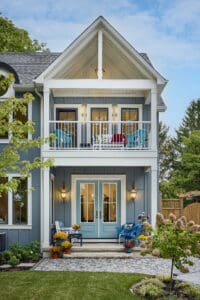 Exterior view of a coastal house in Niagara-on-the-Lake, featuring a charming balcony and boards and batten siding.